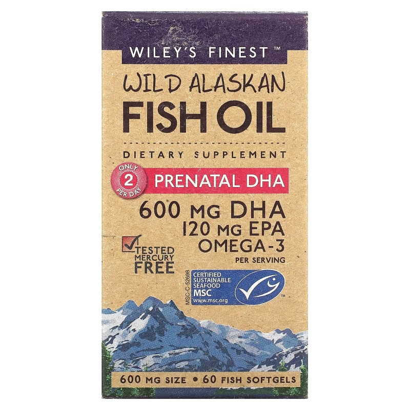 Wiley's Finest, Дикий Аляскинский Рыбий Жир, Пренатальный DHA, 600 мг, 60 Рыбные Капсулы