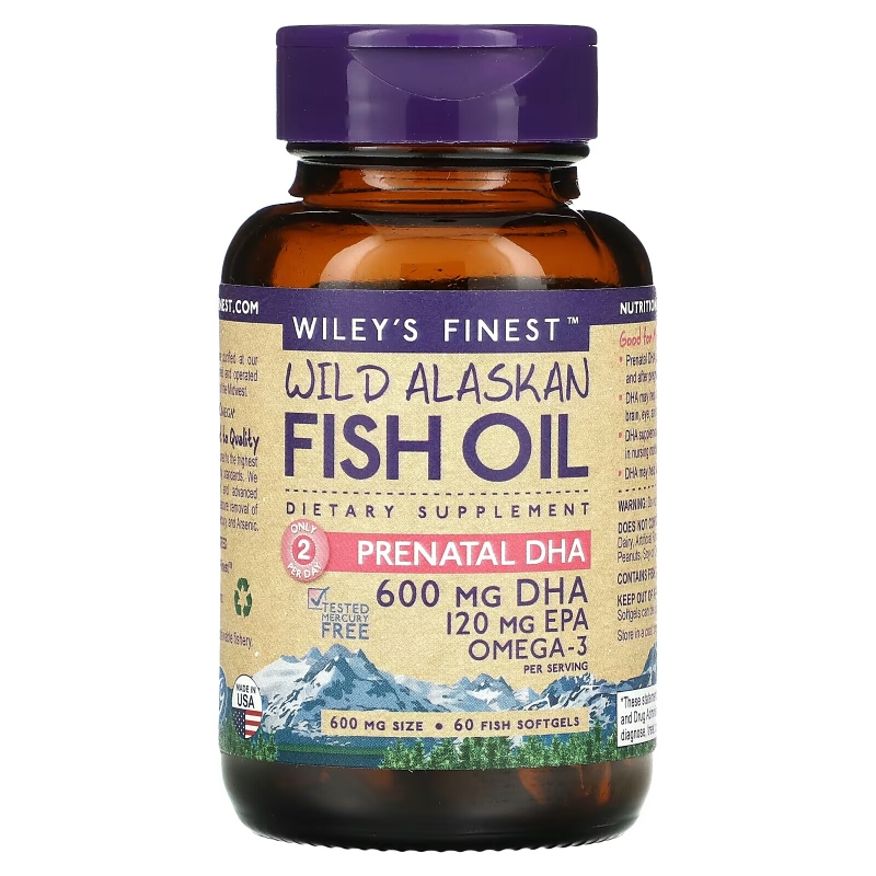 Wiley's Finest, Дикий Аляскинский Рыбий Жир, Пренатальный DHA, 600 мг, 60 Рыбные Капсулы