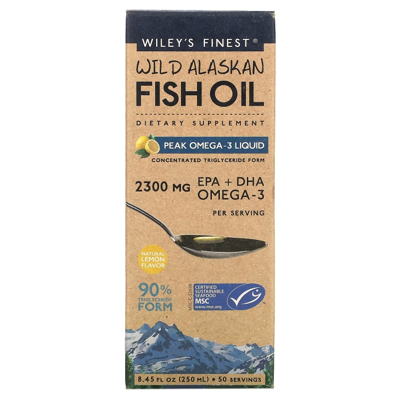 Wiley's Finest, Wild Alaskan Fish Oil, Peak Omega-3 Liquid, Natural Lemon Flavor, 2150 mg, 8.45 fl oz (250 ml)