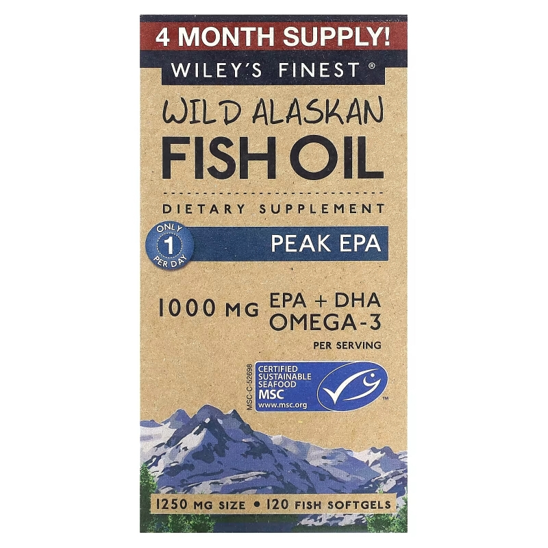 Wiley's Finest, Дикий Аляскинский Рыбий Жир, Пик Гороха, 1250 мг, 120 Рыбные Капсулы