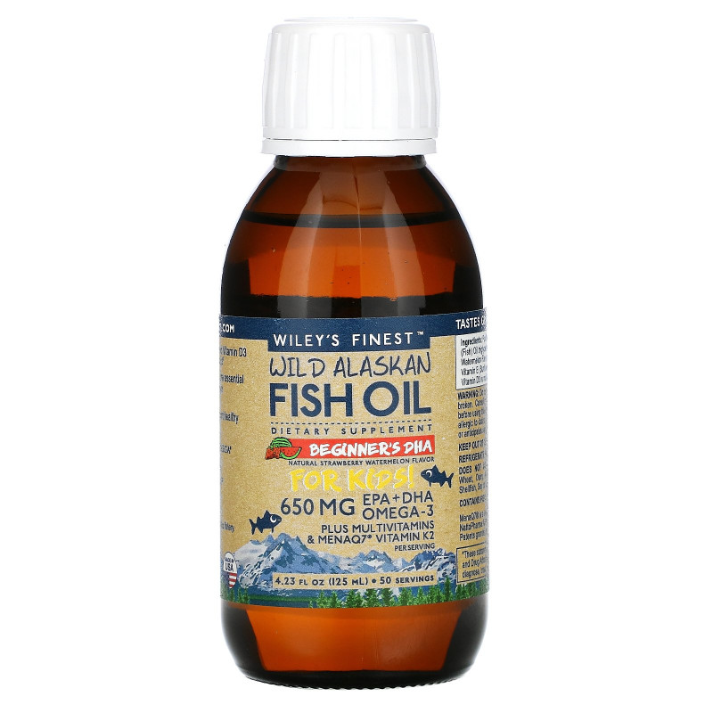 Wiley's Finest, Wild Alaskan Fish Oil, For Kids!, Beginner's DHA, Natural Strawberry Watermelon Flavor, 650 mg, 4.23 fl oz (125 ml)