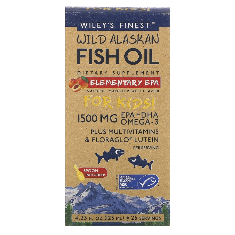 Wiley's Finest, Дикий Аляскинский рыбий жир, Начальное EPA, для детей!, Натуральный Манго Персиковый Аромат, 1500 мг, 4.23 жидких унции (125 мл)
