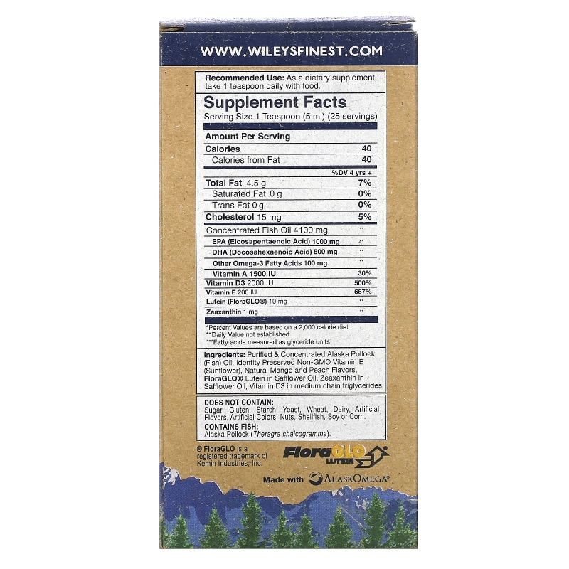 Wiley's Finest, Дикий Аляскинский рыбий жир, Начальное EPA, для детей!, Натуральный Манго Персиковый Аромат, 1500 мг, 4.23 жидких унции (125 мл)