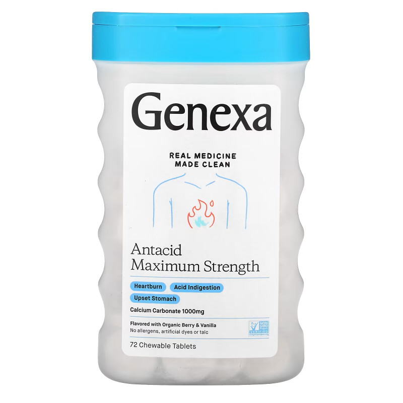Genexa, Heartburn Fix, Calcium Carbonate Antacid, Organic Berry & Vanilla Flavors, 72 Chewable Tablets