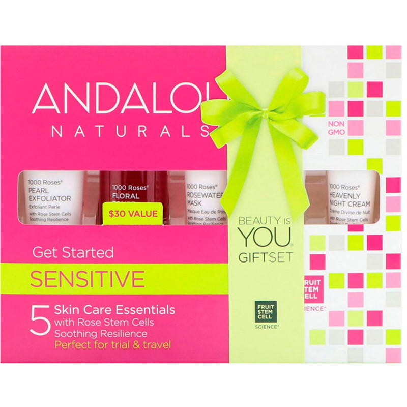 Andalou Naturals Набор для ухода за чувствительной кожей Get Started 1000 роз, питание и увлажнение, набор из 5 средств