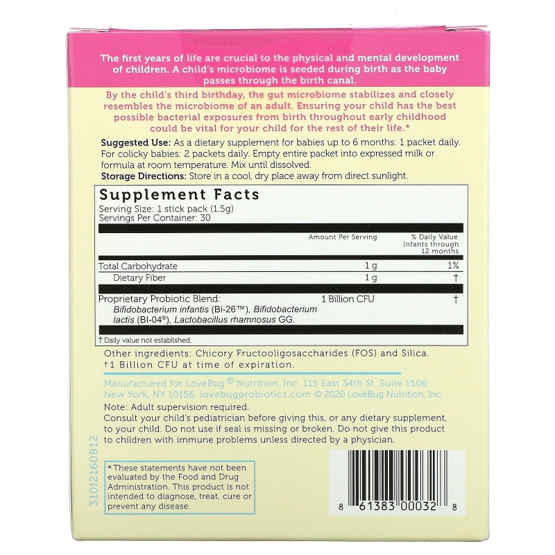 LoveBug Probiotics, Tiny Tummies, Daily Probiotic + Prebiotic, 0 Mo-6 Mo, 30 Single Serve Stick Packs, 1.59 oz ( 45 g)
