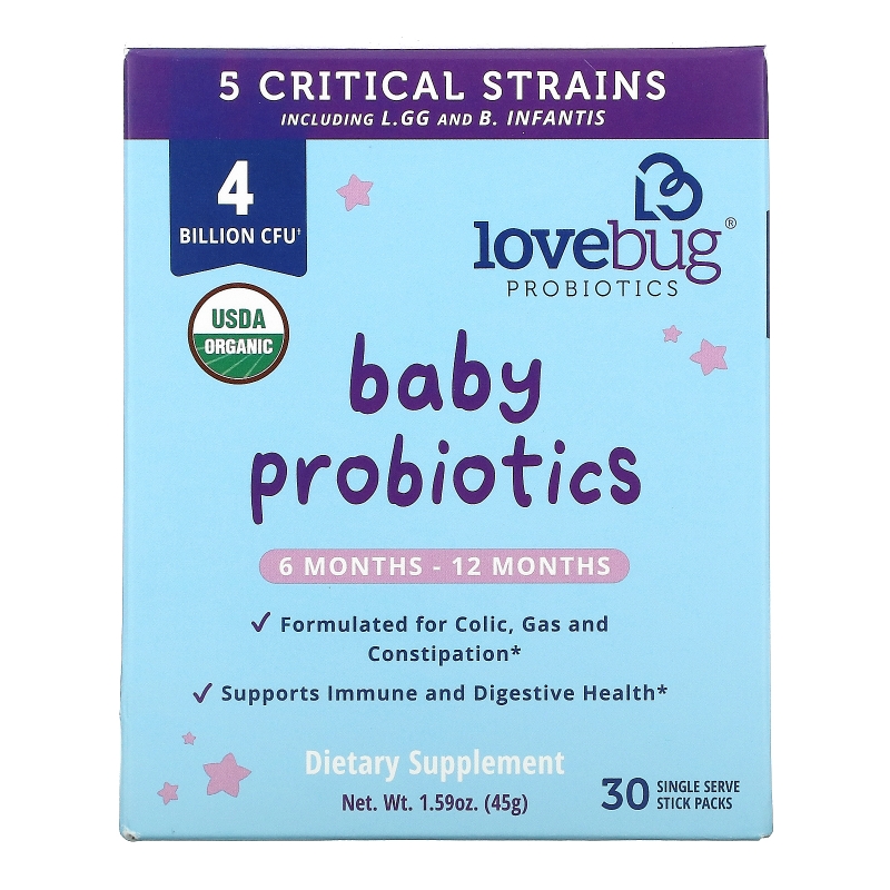 LoveBug Probiotics, Baby Probiotics, Tiny Tummies Daily Probiotic + Prebiotic, 6 Mo-12 Mo, 30 Single Serve Stick Packs, 1.59 oz ( 45 g)