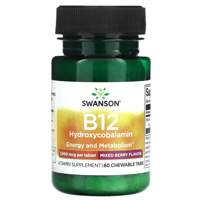 Swanson, B12 гидроксикобаламин, ягодное ассорти, 1000 мкг, 60 жевательных таблеток