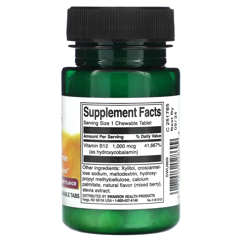 Swanson, B12 гидроксикобаламин, ягодное ассорти, 1000 мкг, 60 жевательных таблеток