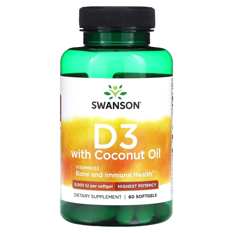 Swanson, D3 with Coconut Oil, Highest Potency, 5,000 IU, 60 Softgels