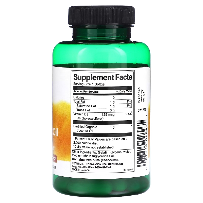 Swanson, D3 with Coconut Oil, Highest Potency, 5,000 IU, 60 Softgels