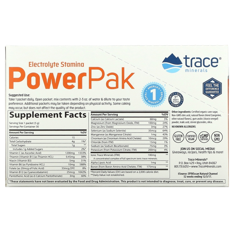Trace Minerals Research, Electrolyte Stamina, Power Pak, 1200 mg, Tangerine, 30 Packets, 0.18 oz (5.2 g) Each