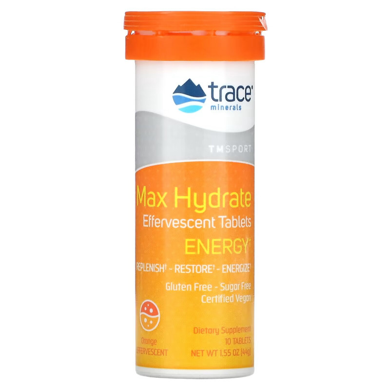 Trace Minerals Research, Max-Hydrate Energy, High Performance Electrolyte Fizzing Tablets, Orange, 1.55 oz (44 g)