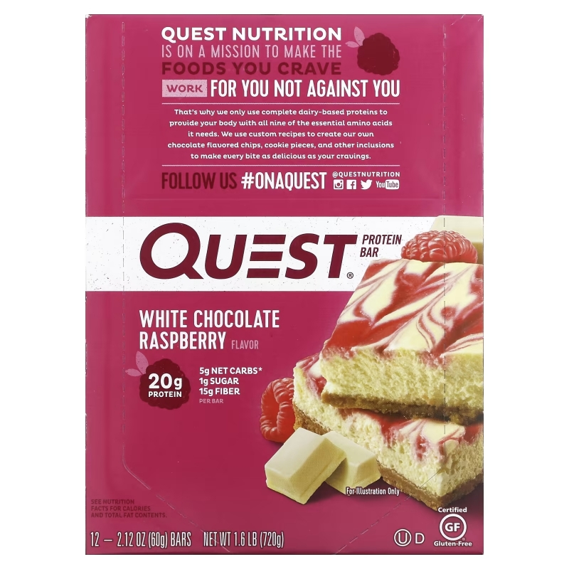 Quest Nutrition, Белковый батончик Quest, белый шоколад с малиной, 12 батончиков, 2,12 унц. (60 г)