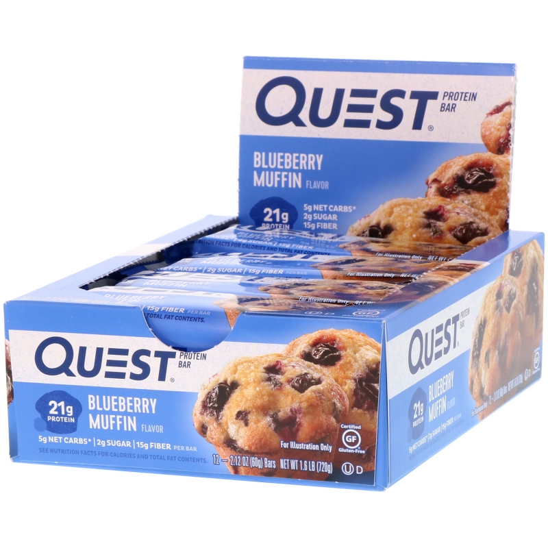 Quest Nutrition, QuestBar, Протеиновый Батончик, Черничный Маффин, 12 Батончиков, 2.1 унции (60 г) Каждый