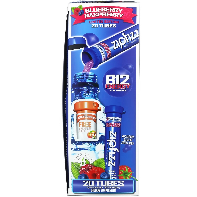 Zipfizz, Энергетическая смесь для здорового спорта с витамином B12, голубика и малина, 20 тюбиков по 11 г (0,39 унции)