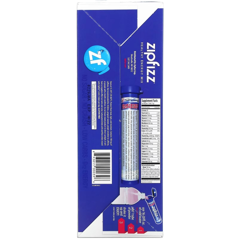 Zipfizz, Энергетическая смесь для здорового спорта с витамином B12, голубика и малина, 20 тюбиков по 11 г (0,39 унции)