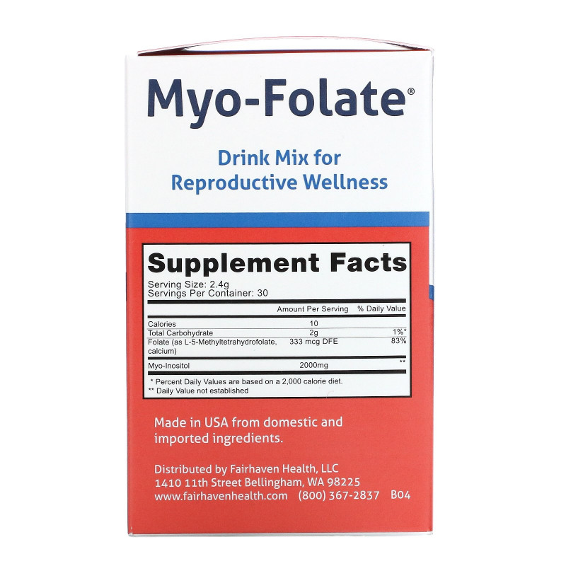 Fairhaven Health, Мио-фолат, питьевая диетическая добавка для репродуктивной системы организма, без ароматизаторов, 30 пакетиков по 2,4 г
