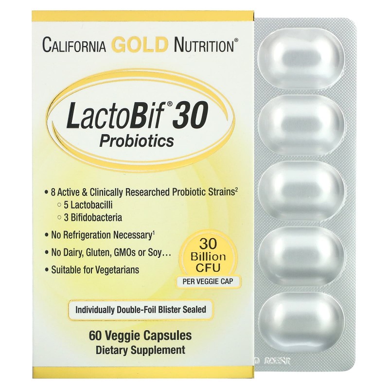 California Gold Nutrition Пробиотики LactoBif 30 млрд КОЕ 60 овощных капсул