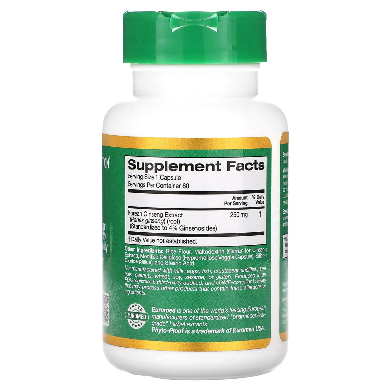 California Gold Nutrition, EuroHerbs, экстракт женьшеня азиатского, 250 мг, 60 растительных капсул