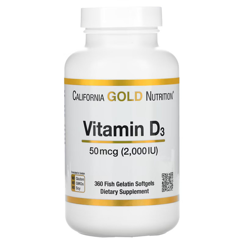 California Gold Nutrition, Витамин D-3, 50 мкг (2000 МЕ), 360 мягких капсул с оболочкой из рыбьего желатина