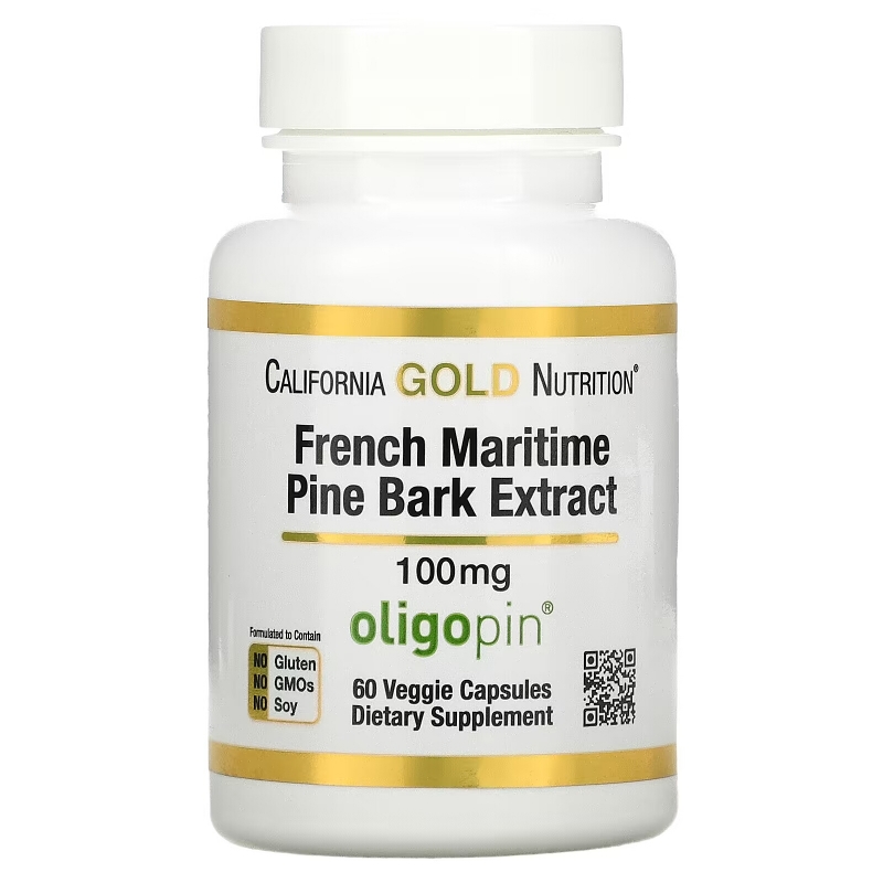 California Gold Nutrition, Французский экстракт коры приморской сосны, олигопин, антиоксидант полифенол, 100 мг, 60 вегетарианских капсул