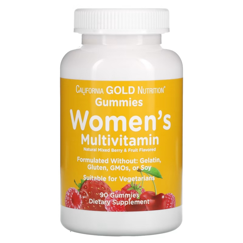California Gold Nutrition, Мультивитамины для женщин в форме жевательных таблеток, без желатина, без глютена, со вкусом органических ягод и фруктов, 90 жевательных таблеток