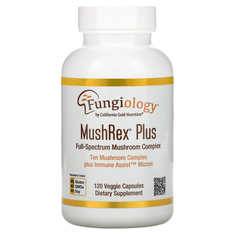 California Gold Nutrition, Микология, MushRex Plus, грибной комплекс полного спектра, сертифицированный органический, Immune Assist™ Микрон, 120 вегетарианских капсул