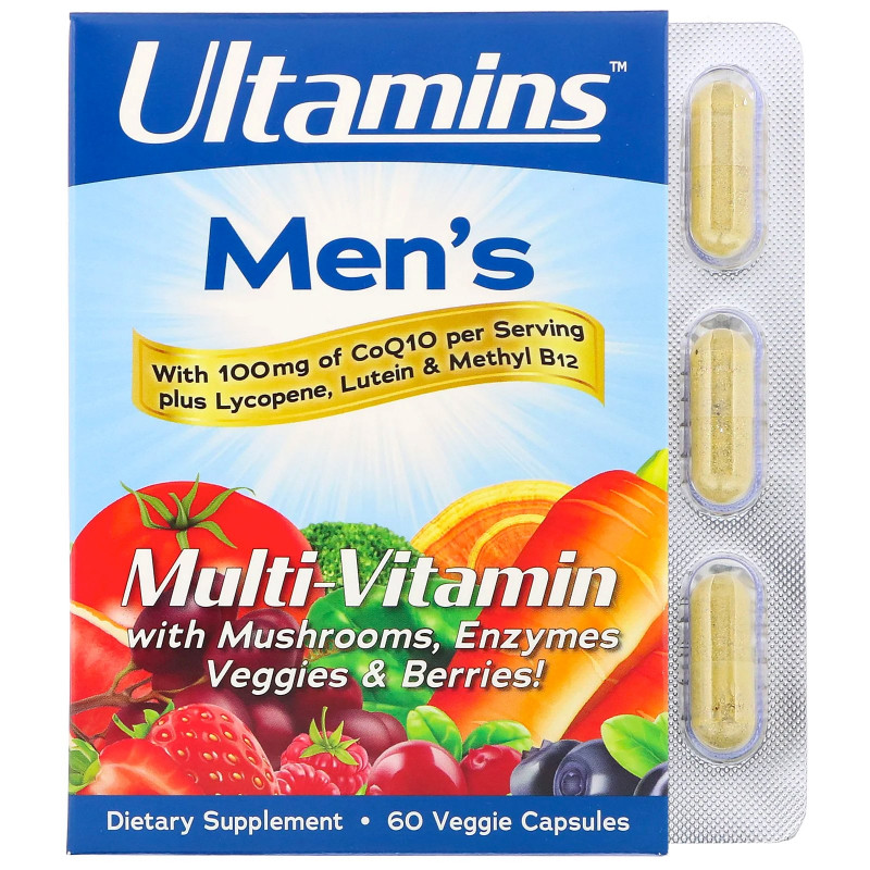 Ultamins, Men's Multi-Vitamin with CoQ10, Mushrooms, Enzymes, Veggies & Berries, 60 Veggie Capsules