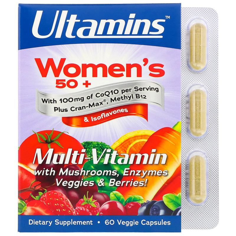 Ultamins, Women's 50+ Multi-Vitamin with CoQ10, Mushrooms, Enzymes, Veggies & Berries, 60 Veggie Capsules