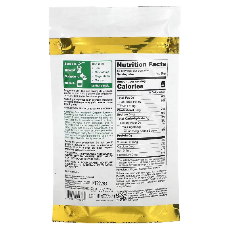 California Gold Nutrition, Superfoods, Organic Turmeric Powder, 4 oz (114 g)