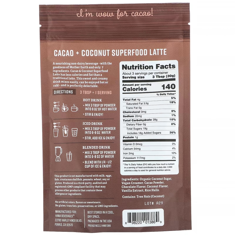 Hana Beverage, Cacao & Coconut Latte, Non-Coffee Superfood Beverage, 3.3 oz (93.6 g)