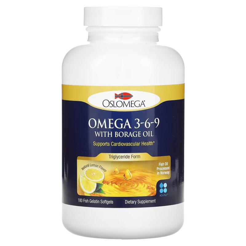Oslomega, Omega 3-6-9 with Borage Oil, Natural Lemon Flavor, 180 Softgels