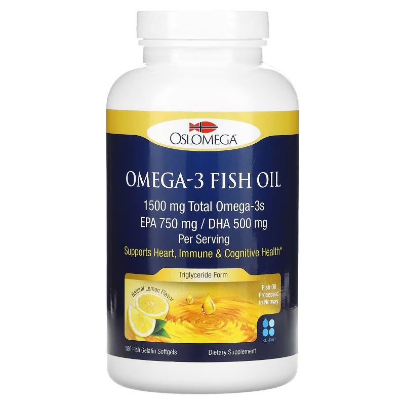 Oslomega, Omega-3 Fish Oil, 750 mg EPA, 500 mg DHA, Natural Lemon Flavor, 180 Softgels