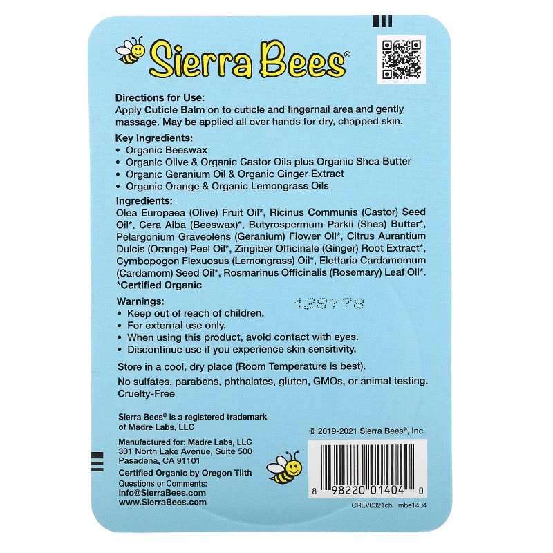 Sierra Bees, Бальзам для ухода за кутикулой, герань, апельсин и лемонграсс, 17 г (0,6 унции)
