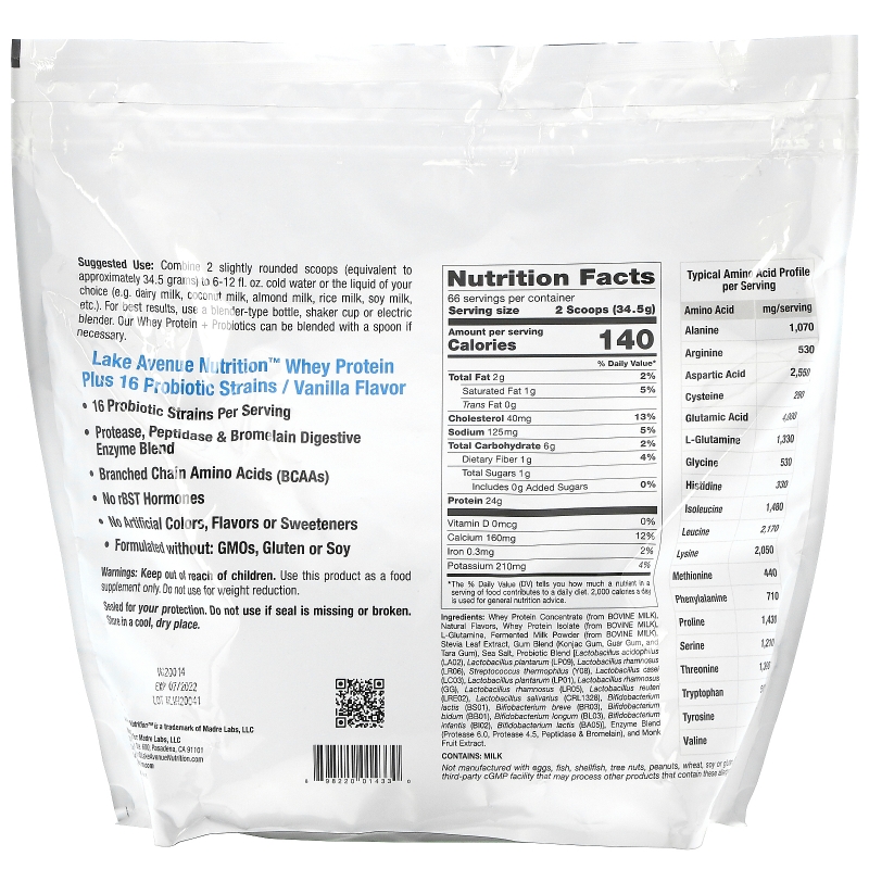 Lake Avenue Nutrition, Whey Protein + Probiotics, Vanilla Flavor, 5 lb (2270 g)
