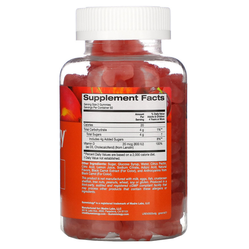 Gummiology, Adult Vitamin D3 Gummies, Natural Peach & Sour Cherry Flavors, 100 Vegetarian Gummies