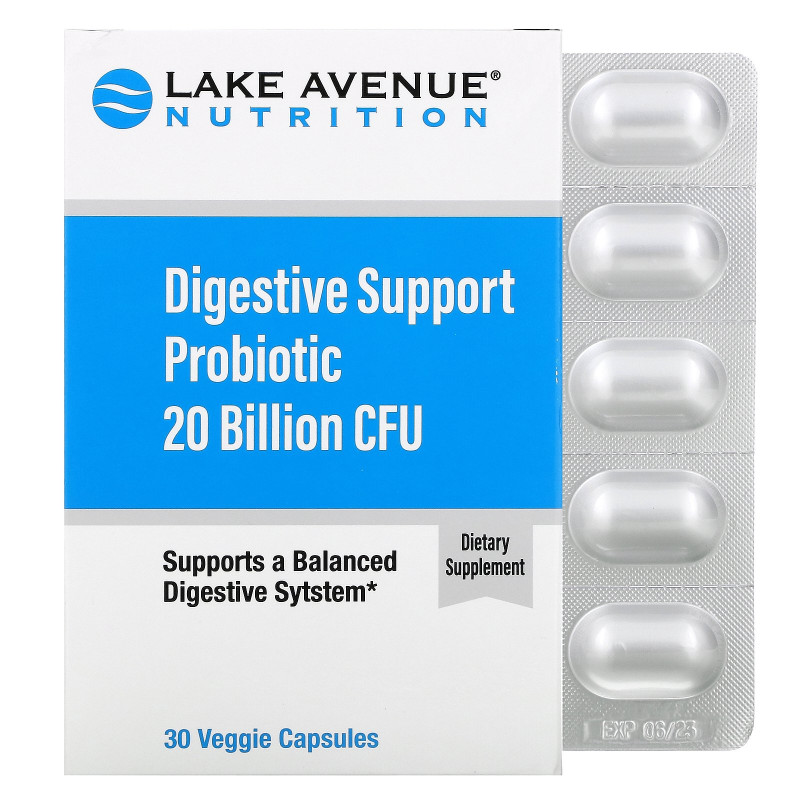Lake Avenue Nutrition, Digestive Support Probiotic, Probiotic & Prebiotic Blend, 20 Billion CFUs, 30 Capsules