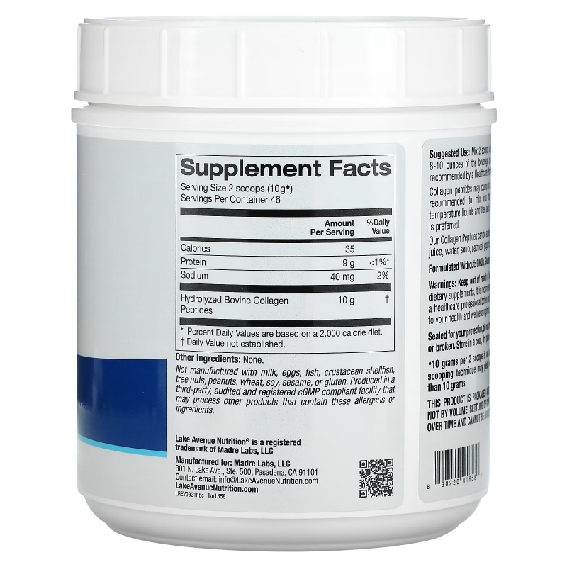 Lake Avenue Nutrition, гидролизованные пептиды коллагена типов I и III, с нейтральным вкусом, 460 г (1,01 фунта)