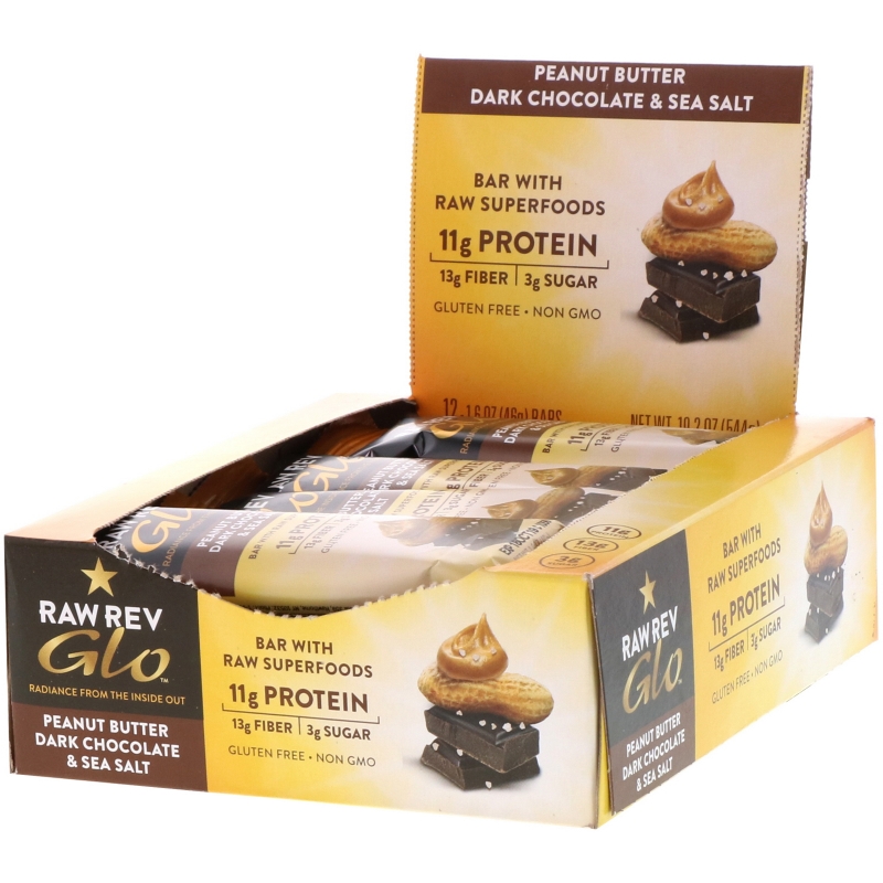Raw Revolution Glo Peanut Butter Dark Chocolate & Sea Salt 12 Bars 1.6 oz (46 g) Each