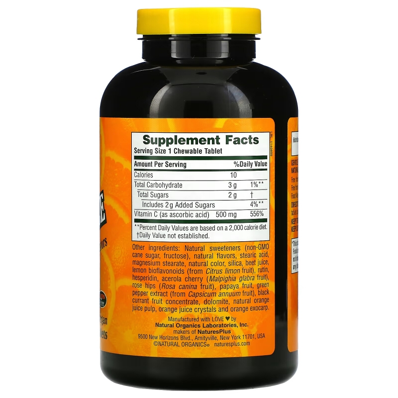NaturesPlus, Апельсиновый сок, жевательный витамин C, 500 мг, 180 таблеток