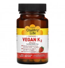 Country Life, Веганский K2, со вкусом клубники, 500 мкг, 60 таблеток для рассасывания