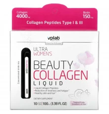 Vplab, Ultra Women's Beauty Collagen Liquid, Tropical Fruits, Strawberry & Kiwi , 4,000 mg, 10 Liquid Tubes