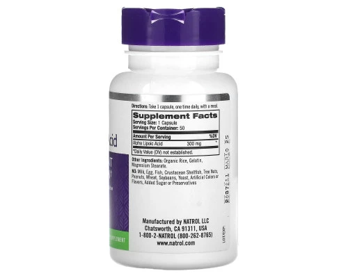 Natrol, Альфа-липоевая кислота, 300 мг, 50 капсул Natrol, Альфа-липоевая кислота, 300 мг, 50 капсул