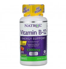 Natrol, Витамин B-12, быстрое растворение, клубничный аромат, 5000 мкг, 100 таблеток