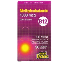 Natural Factors, B12 метилокобаламин, 1000 mcg, 90 жевательных таблеток