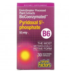 Natural Factors, BioCoenzymated, B6, пиридоксал-5-фосфат, 50 мг, 30 вегетарианских капсул
