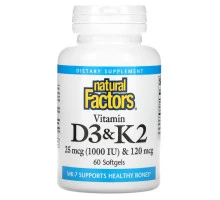 Natural Factors, Витамин D3 и K2, 60 гелевых капсул