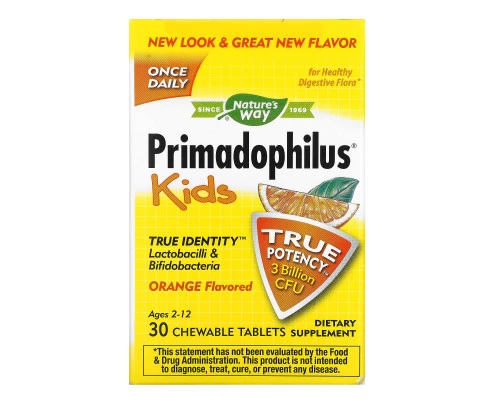 Nature's Way, Primadophilus, детский, апельсиновый, 3 млрд КОЕ, 30 жевательных таблеток Nature's Way, Primadophilus, детский, апельсиновый, 3 млрд КОЕ, 30 жевательных таблеток