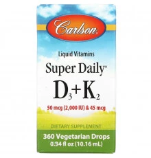 Carlson Labs, Жидкие витамины, Super Daily D3+K2, 50 мкг, 0,34 ж. унц. (10,16 мл)